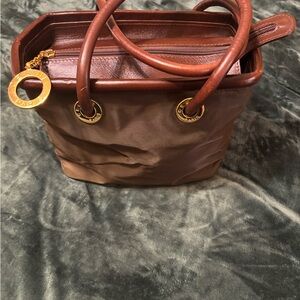 Celine Green Nylon and Brown Leather Bag